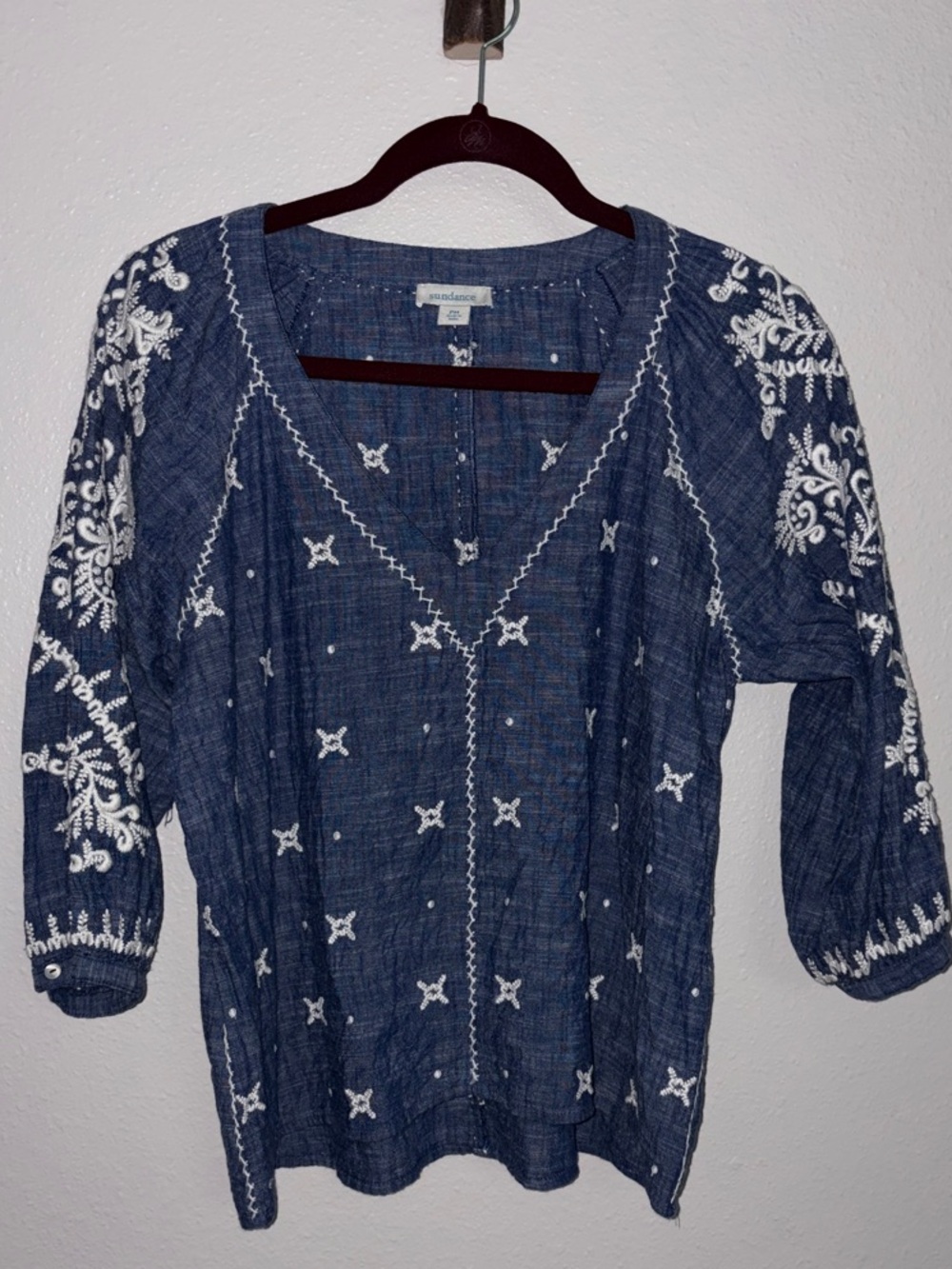 Sundance Indigo Blue Embroidered V-Neck Tunic
